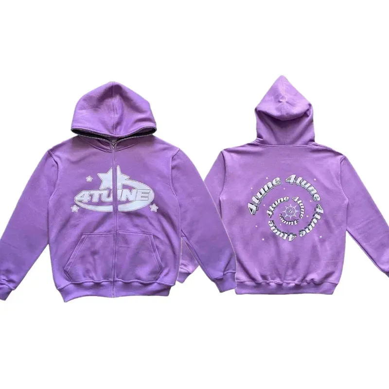 Vvsha Christmas outfit Star Letter Print Hoodie Men Retro Zip Up Long Sleeve Loose Jacket Coats Harajuku Casual Gothic Hooded Sweatshirt Y2K Streetwear
