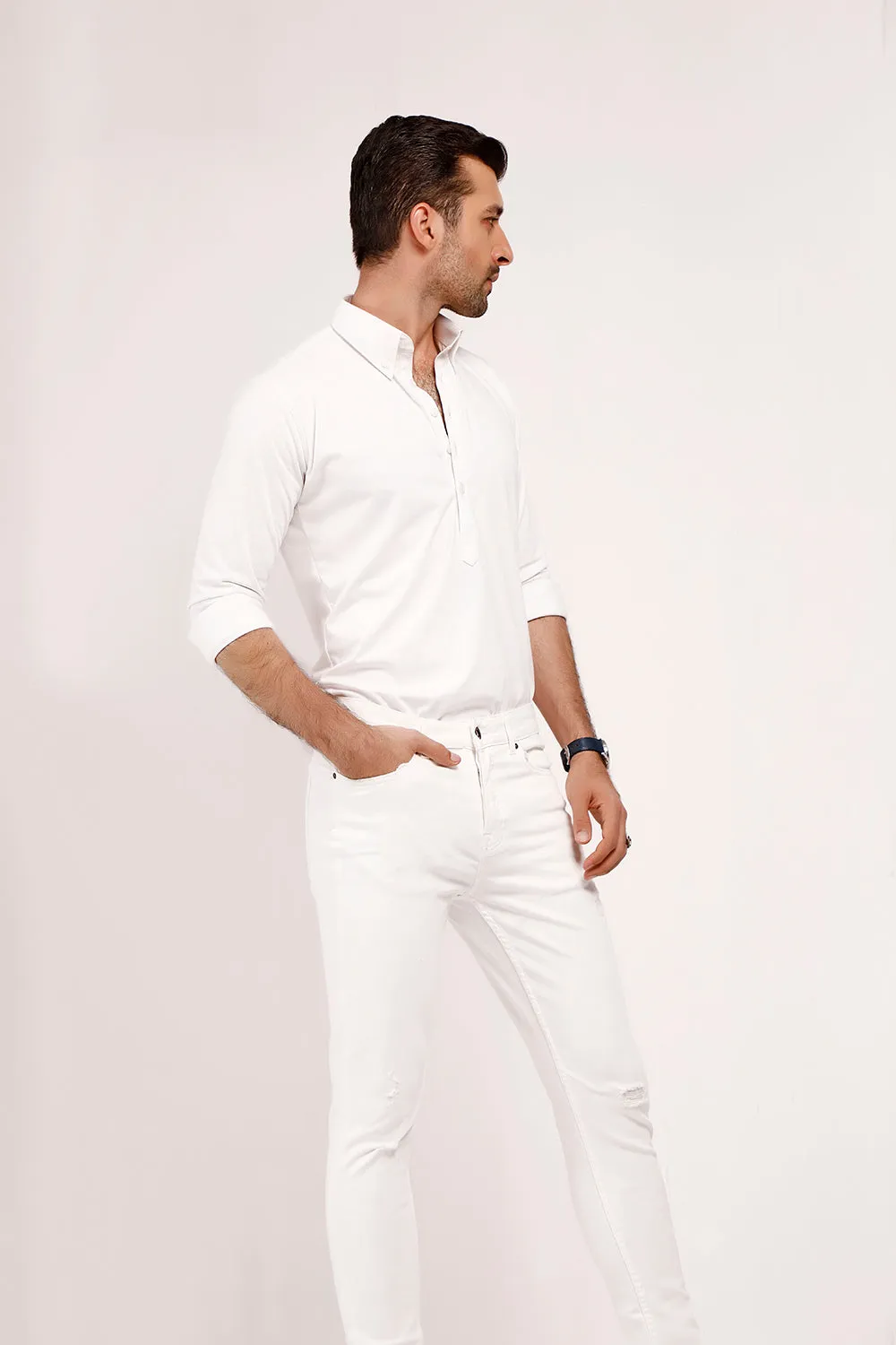 White High Collar Mid Placket Shirt