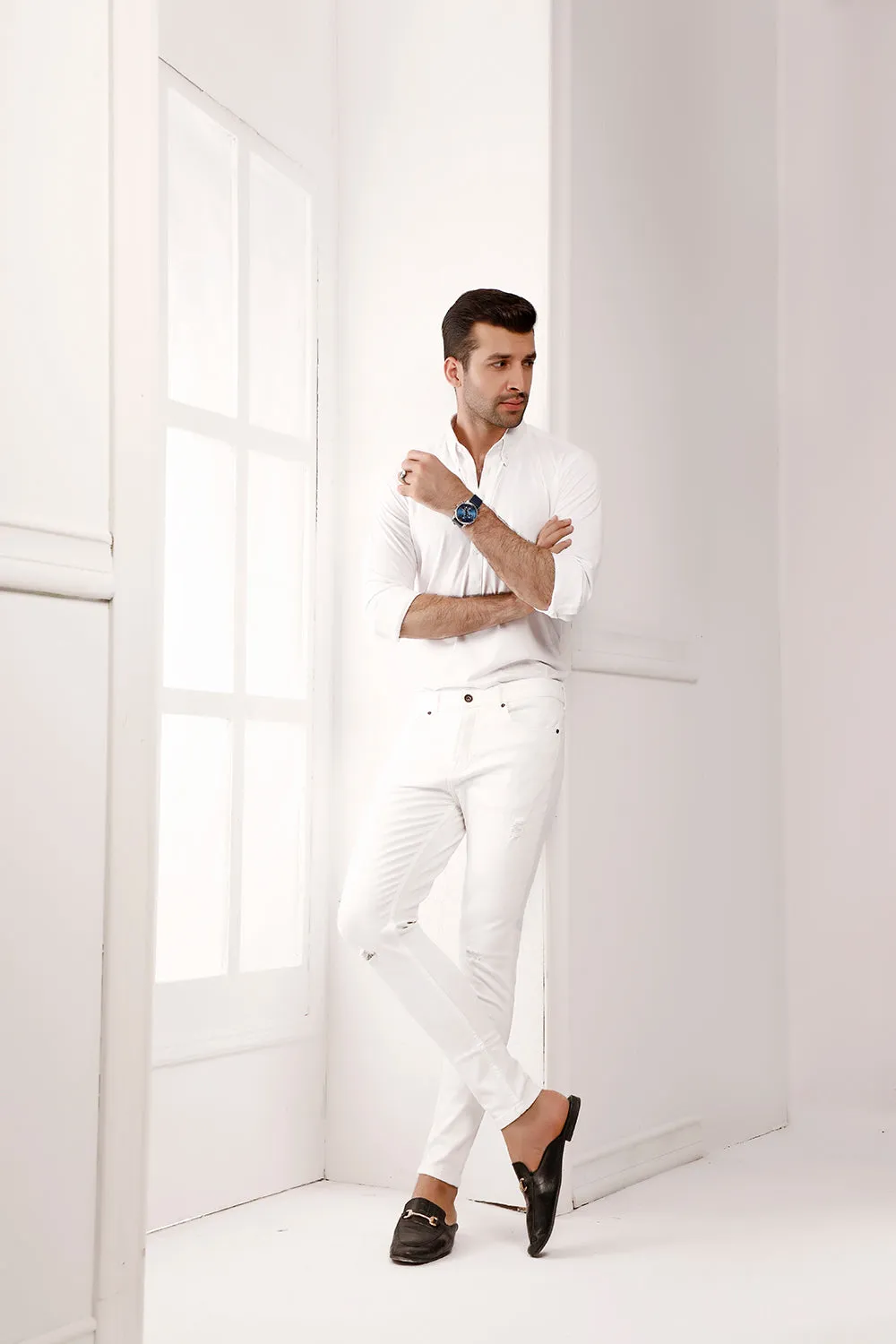 White High Collar Mid Placket Shirt