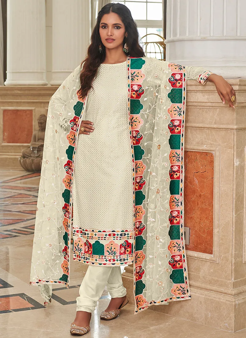 White Multi Sequence Embroidery Festive Salwar Kameez