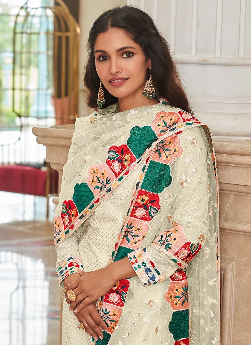 White Multi Sequence Embroidery Festive Salwar Kameez